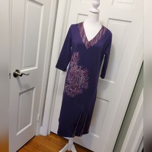 EUC La Mouette Purple Midi Knit Dress Size 1=12/14 US, Embroidered